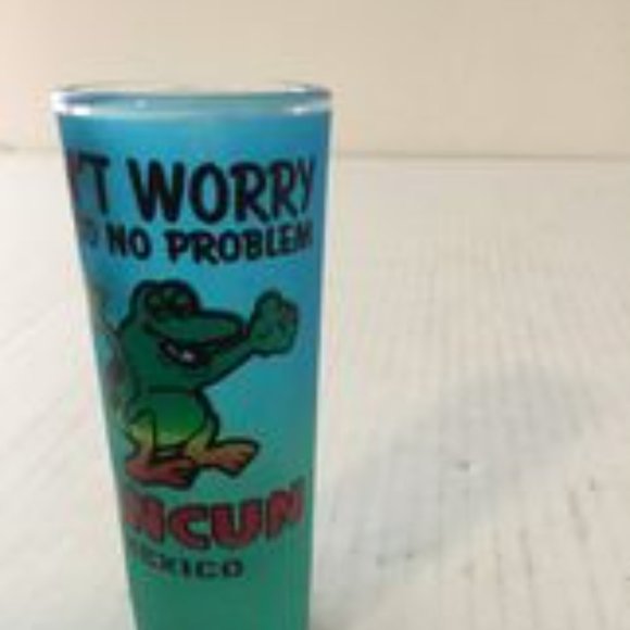 New Cancun "Don't Worry Mexico No Problem" Frog Frosted Blue Green 2 Oz. Shooter - Picture 3 of 7